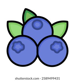 Blueberry icon vector illustration, flat design with green leaves. 