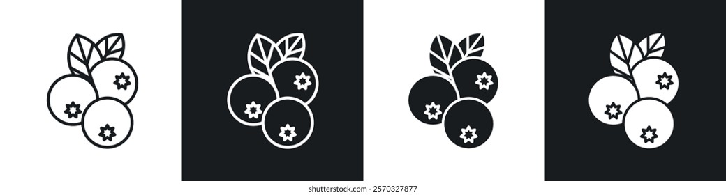 Blueberry icons vectors set in black. line and flat versions