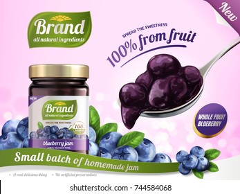 Blueberry jam ads, a full spoon of jam and glass jar surrounded by fresh berries, 3d illustration