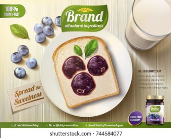 Blueberry jam ads, blueberry shape coating spread on toast, top view of wooden table, 3d illustration