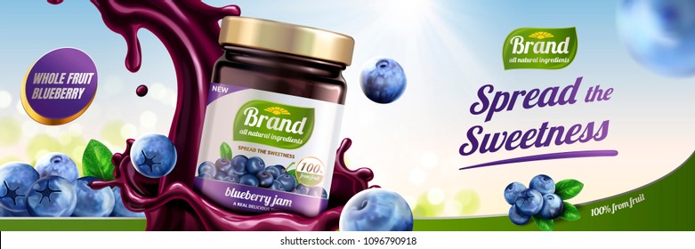 Blueberry jam ads with splashing liquid pouring down from sky on bokeh background