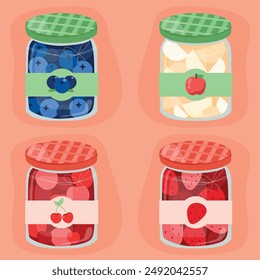 Blueberry Jam Apple Jam Cherry Jam Strawberry Jam in the Jar Vector Illustration