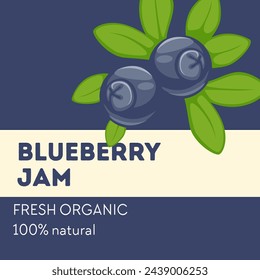 Blueberry jam, fresh and organic. Fruity delight, perfect for any occasion. Vegan and vegetarian food ingredient. Natural product label or logotype, sticker or emblem for package. Vector in flat style