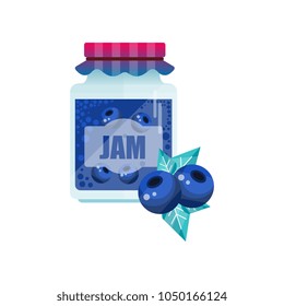 Blueberry jam, glass jar of berry confiture vector Illustration on a white background