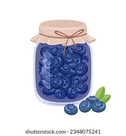 Blueberry jam in glass jar and fresh berry. Vector cartoon flat illustration. Sweet food icon.