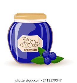 Blueberry jam in glass jar and fresh blueberries.Natural product. Healthy eating and diet. Design of greeting cards, posters, patches, prints on clothes, emblems.Vector cartoon illustration.