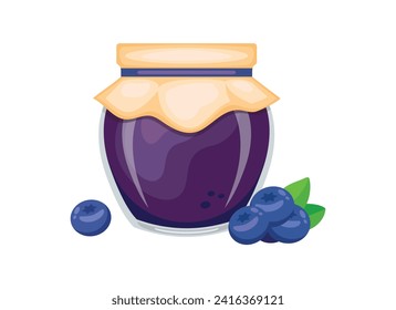 Blueberry jam in glass jar and fresh blueberries vector illustration. Glass of blueberry marmalade design element. Blueberry jam jar icon isolated on a white background