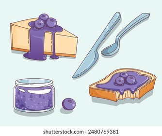 Blueberry jam in glass jar, spread on square bitten bread toast and spilled on triangular piece of cheesecake. Cartoon vector illustration set of berry sweet jelly marmalade preserve and dessert.