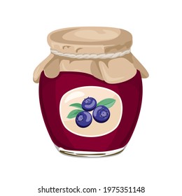 Blueberry jam in glass jar vector cartoon icon. Homemade wild berry confiture flat illustration.