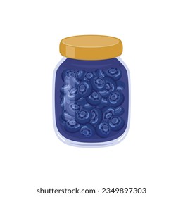 Blueberry jam in glass jar. Vector flat icon of organic sweets. Healthy food illustration.