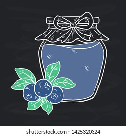 Blueberry Jam With Jar Using Sketch or Hand Drawn Style on Chalkboard Background