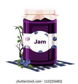 Blueberry jam in a jar. Vector label design of berry homemade jam, composition isolated on white background.