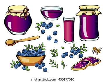 Blueberry jam and juice vector set