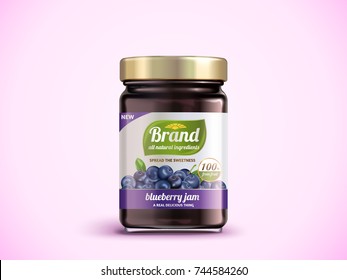 Blueberry jam package design, glass jar mockup with designed label in 3d illustration, pink background