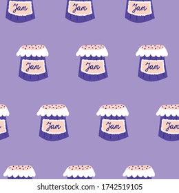 Patrón vectorial sin fisuras de mermelada de arándano azul. Patrón recurrente con jarras de arándano. Uso para tela, envoltura de regalo, embalaje