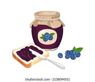 Blueberry jam set. Spread on piece of toast bread, knife, glass jar with jelly and pile of fresh blueberries isolated on white. Vector sweet food illustration in cartoon flat style.