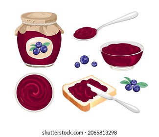 Blueberry jam set. Vector sandwich with homemade berry marmalade, knife, glass jar with jelly, spoon and bowl isolated on white background.  Food illustration in cartoon flat style.