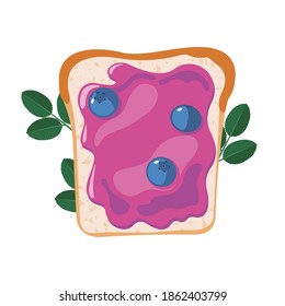 Blueberry jam spreading on bread in flat style isolated on white background. Icon of delicious breakfast with butter toast. Vector illustration.
