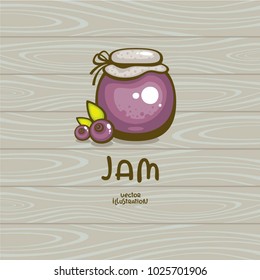 Blueberry jam vector illustration. Colorful jar with berries on wood backdrop. Design for logo, menu and label.