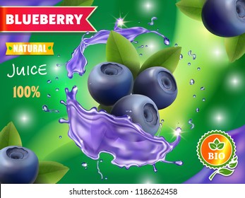 Blueberry juice ads, fresh blueberries in splash, 3d illustration