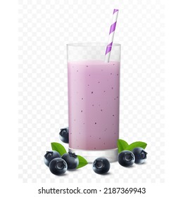 Blueberry juice, cocktail, smoothie or yogurt in glass with straw, isolated on transparent background. Realistic 3d vector illustration