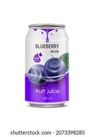 Jugo de arándano azul en lata de aluminio y el diseño de empaque morado de frutas de arándano se burla.  Aislado sobre un fondo blanco. Ilustración de EPS10 vector realista.