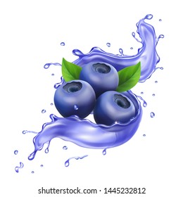 Blueberry in juice splash pure vector illustration. Realistic icon.