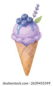 Blueberry lavender ice cream in golden cone  – vector illustration isolated on white.