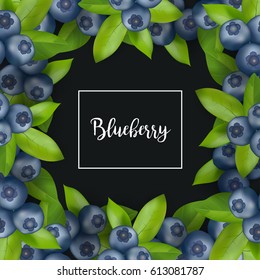 Blueberry, leaves and berries isolated on black background. Realistic digital paint. Fresh natural food. Vector illustration. Template for postcard, flyer