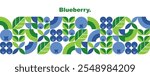 Blueberry. Leaves and berries.Abstract geometric design.Set of icons in simple flat style.Elements isolated on a white background.Seamless pattern and border.Organic food.Vector illustration.