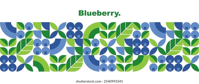 Blueberry. Leaves and berries.Abstract geometric design.Set of icons in simple flat style.Elements isolated on a white background.Seamless pattern and border.Organic food.Vector illustration.