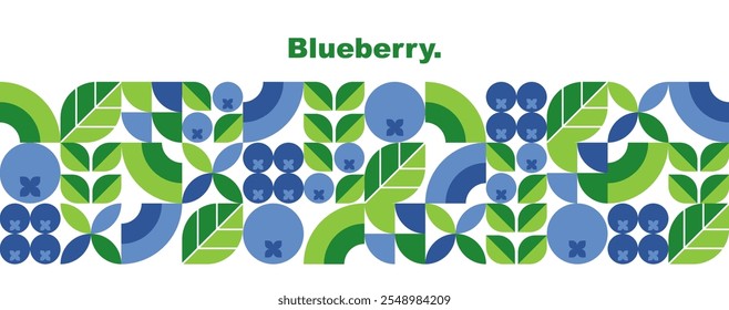 Blueberry. Leaves and berries.Abstract geometric design.Set of icons in simple flat style.Elements isolated on a white background.Seamless pattern and border.Organic food.Vector illustration.