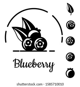 Blueberry with leaves icon set. Black vector berries silhouette isolated on white background. Black and white blueberries illustration for tattoo. Healthy organic food logo.