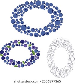 Blueberry with leaves oval frame set with ripe blueberries in blue and violet tones on a white transparent background. graphic line vector illustration.
