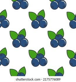 Blueberry with leaves seamless pattern vector illustration. Natural tasty wild berry on white background. Food print for background, packaging, wallpaper, paper and design