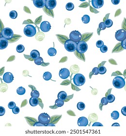 Blueberry and leaves seamless vector pattern. Summer organic fruit background. Trendy childish pattern for decoration design, poster, textile. Simple vector illustration with vegetarian healthy food