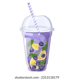 Blueberry lemonade  with lemon and mint. Summer refreshing drink with blueberries and ice in plastic cup.	
