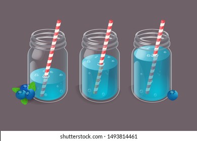Blueberry lemonade. Set of jars. Vintage glass with straw and berries on side. Homemade refreshment drink. Filled and empty. Vector illustration isolated on dark background.