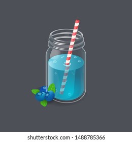 Blueberry lemonade in vintage glass jar with straw and berries on side. Homemade refreshment drink. Half filled. Vector illustration isolated on dark background.