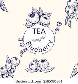 Blueberry line art for tea packaging, product design,, labels and branding.  Blueberry and leaves.