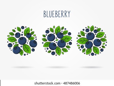 Blueberry line art vector illustration. Blueberry round labels creative concept. Graphic design for poster, banner, placard. Template layout with text and berries.
