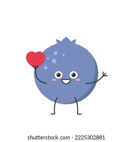 Blueberry love heart greet cute character cartoon delicious berry smile face kawaii joy happy cheerful emotions icon vector illustration.
