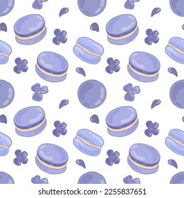 Macarones de arándano y flores de lavanda. Sabroso patrón sin costuras. 