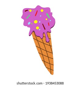 Blueberry melting ice cream in a waffle cone with pastry topping. Isolated element on white background. Vector illustration. Candy for summer.