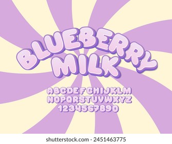 Blueberry Milk Alphabet. Purple Berry Bubble Volumetric 3d Font. Vector Cute Sweet Letters and Numbers.