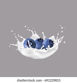 Blueberry and milk splash , 3d vector icon. Realistic vector illustration, symbol of natural dairy products