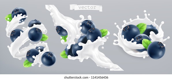 Blueberry and milk splash, yogurt. 3d realistic vector icon