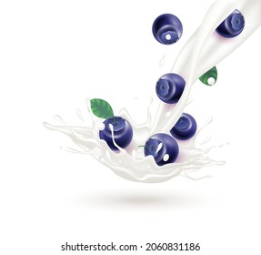 Blueberry milk with blueberry and milk yogurt splashing isolated on white background. Exercises and eat healthy food. Health concept. Realistic 3d vector illustration.
