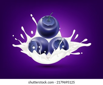 El yogur de leche de arándano salpicado aislado sobre fondo morado. Concepto de salud. Ilustración vectorial 3d realista. Se puede usar para el diseño de productos publicitarios bebidas y productos alimenticios.