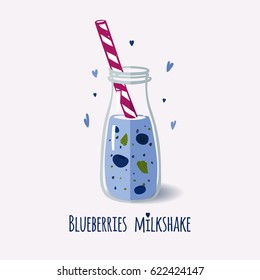 Blueberry milkshake. Cute bottle of healthy cocktail. Detox drink. Healthy & tasty beverage from garden and forest berries. Vector illustration.